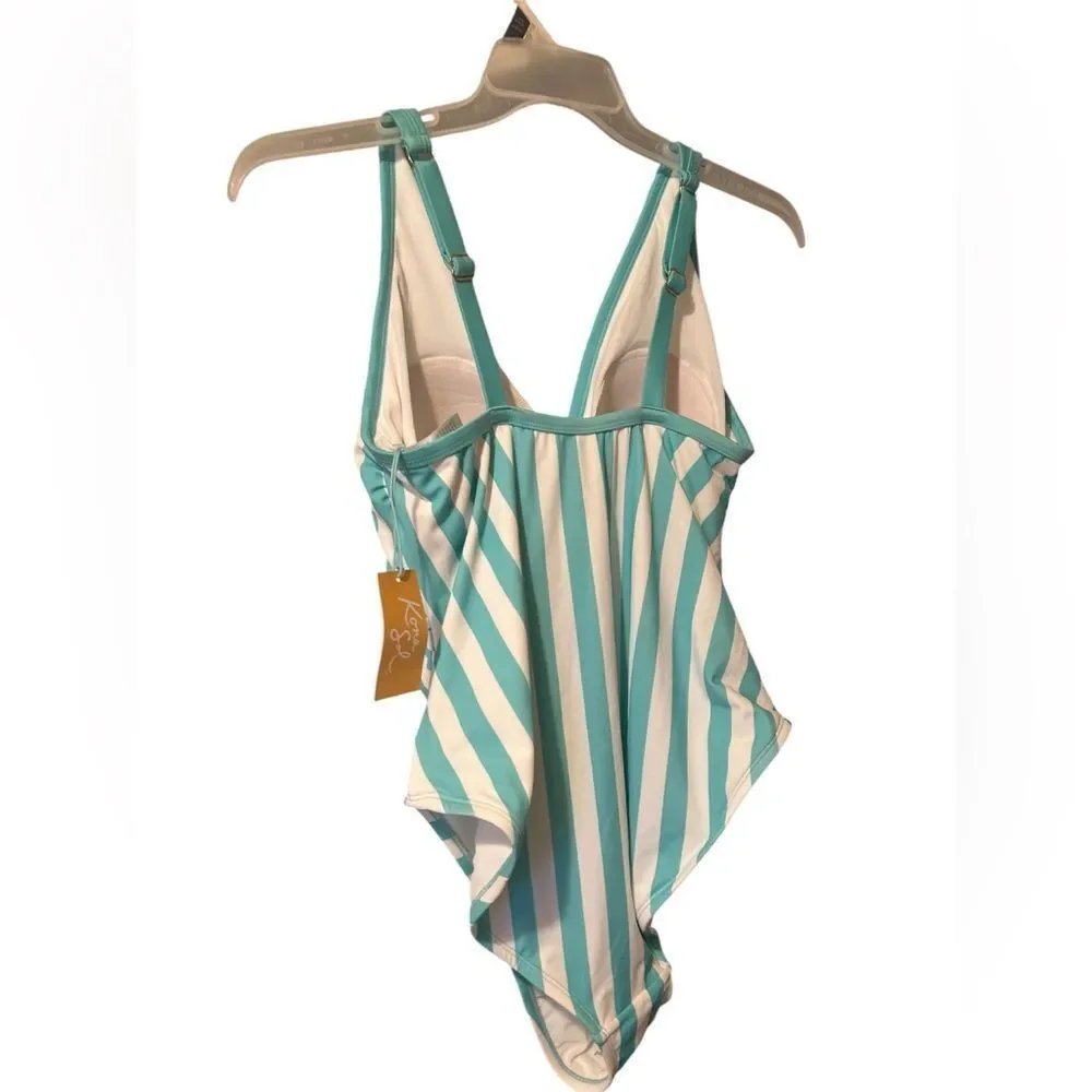 NWT Kona Sol Aqua and White Striped One Piece Swimsuit